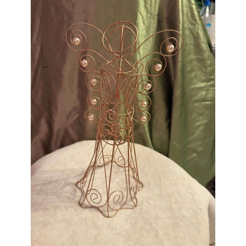 Pearly winged sparkly gold tone wire angel